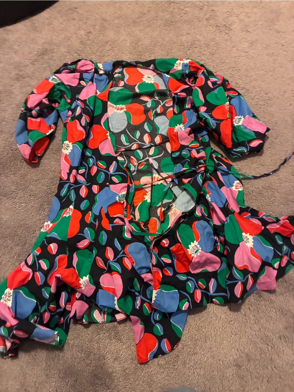 RHODE Floral Midi Dress in Black with Red, Green, Blue, Pink Accents